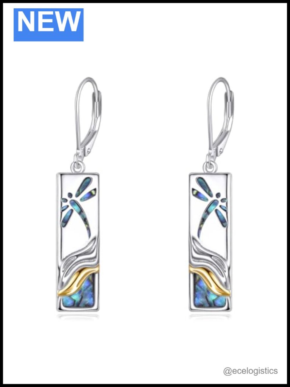 925 Sterling Silver Abalone Dragonfly Dangle Drop Earrings Lever Back